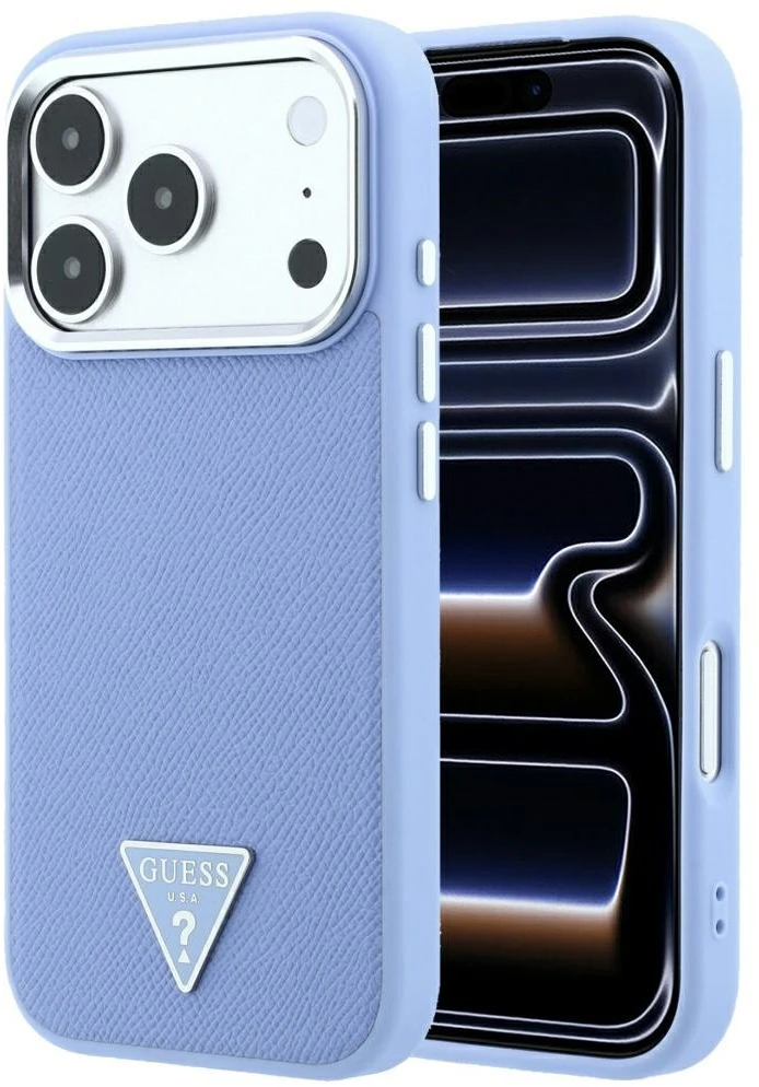 Dėklas Guess Grained Triangle Logo MagSafe do iPhone 18 Pro / 17 Pro mėlyna