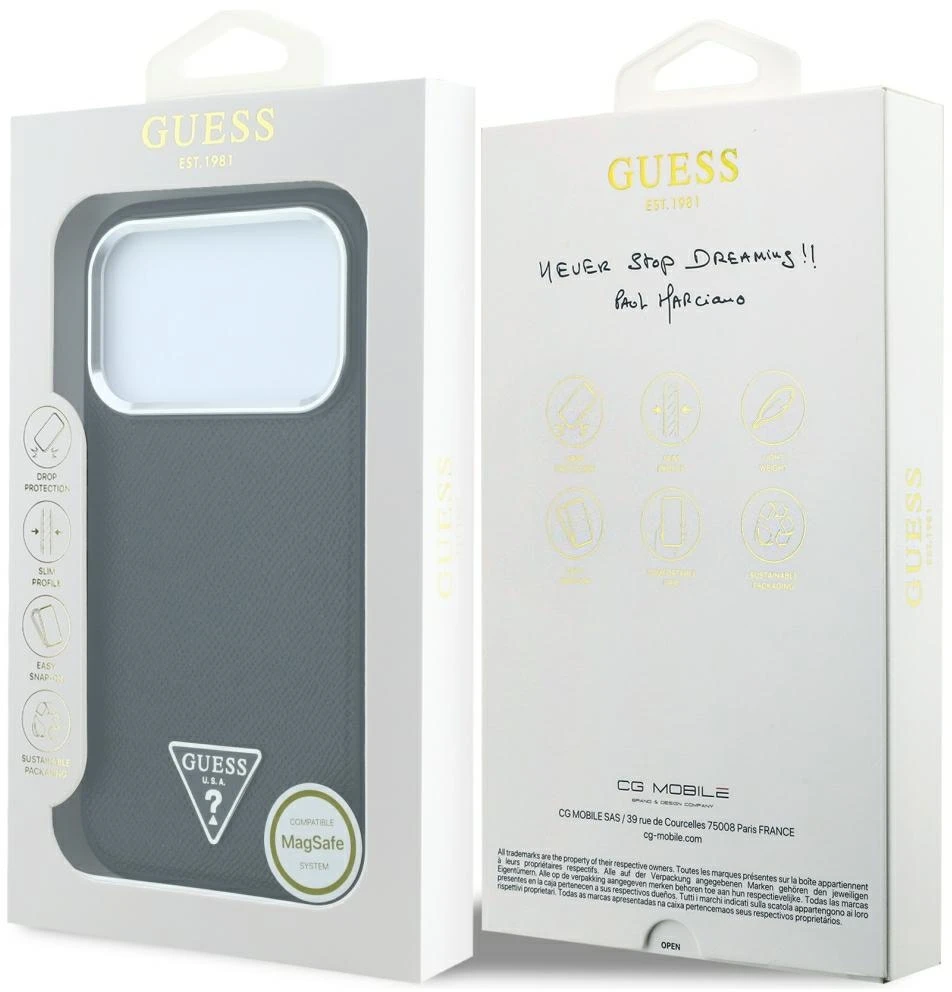 Dėklas Guess Grained Triangle Logo MagSafe do iPhone 18 Pro / 17 Pro juoda