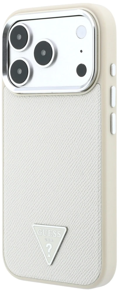 Dėklas Guess Grained Triangle Logo MagSafe, skirtas iPhone 18 Pro / 17 Pro, smėlio spalvos