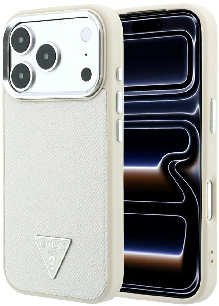 Dėklas Guess Grained Triangle Logo MagSafe do iPhone 18 Pro Max / 17 Pro Max smėlio spalva