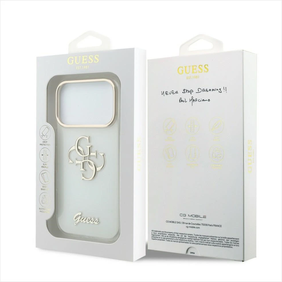 Dėklas Guess IML 4G Script Metal do iPhone 18 Pro Max / 17 Pro Max balta