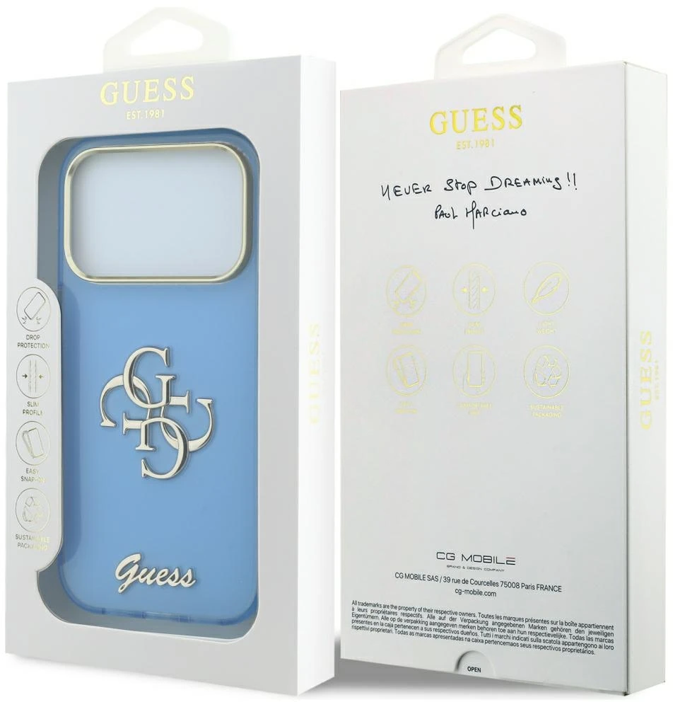 Dėklas Guess IML 4G Script Metal do iPhone 18 Pro / 17 Pro šviesiai mėlyna