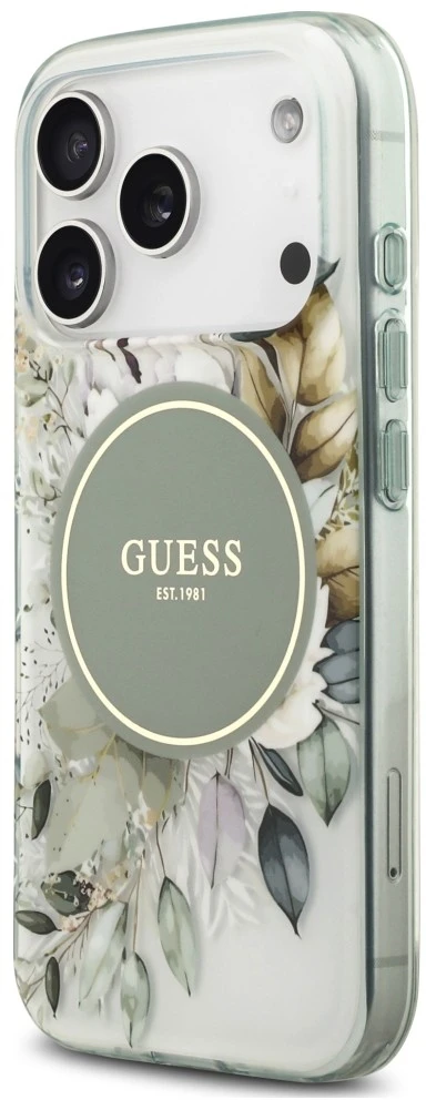 Dėklas Guess IML Flower & Tonal Circle MagSafe do iPhone 18 Pro / 17 Pro žalia