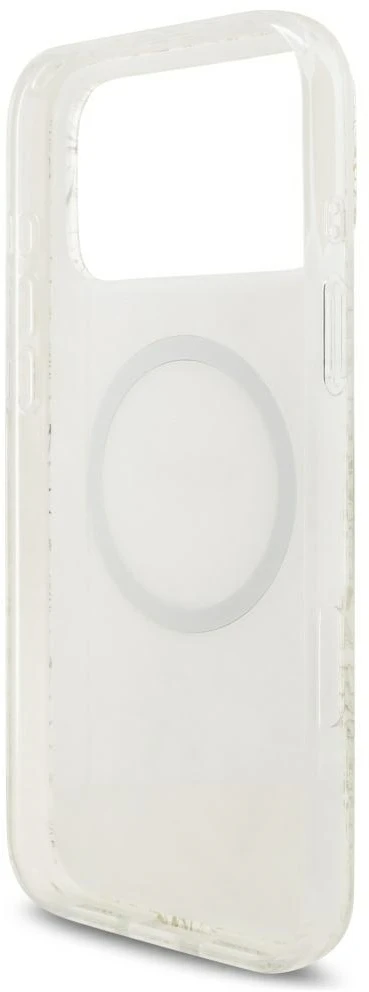 Dėklas Guess IML Flowers Allover Electroplated with Pearl Strap MagSafe do iPhone 18 Pro Max / 17 Pro Max balta
