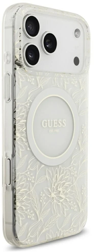 Dėklas Guess IML Flowers Allover Electroplated with Pearl Strap MagSafe do iPhone 18 Pro Max / 17 Pro Max balta