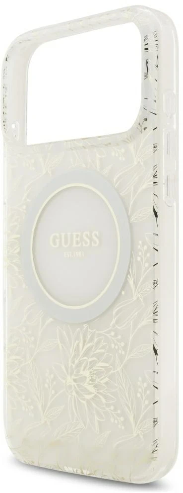 Dėklas Guess IML Flowers Allover Electroplated with Pearl Strap MagSafe do iPhone 18 Pro Max / 17 Pro Max balta