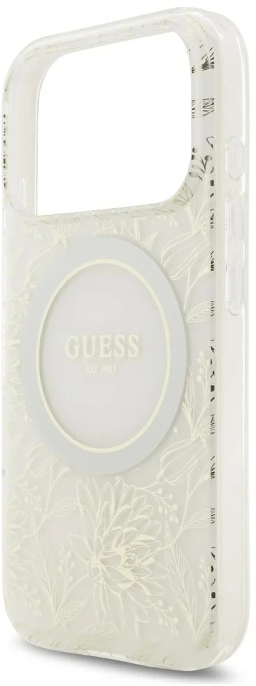 Dėklas Guess IML Flowers Allover Electroplated with Pearl Strap MagSafe, skirtas iPhone 18 Pro / 17 Pro, baltas