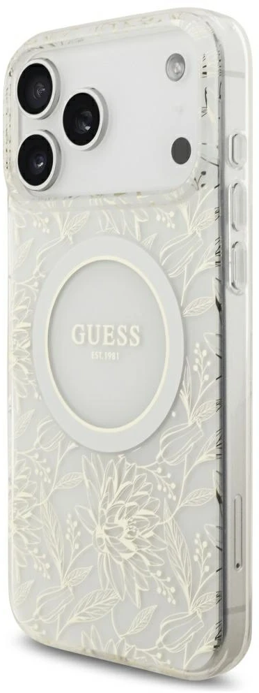 Dėklas Guess IML Flowers Allover Electroplated with Pearl Strap MagSafe do iPhone 18 Pro Max / 17 Pro Max balta