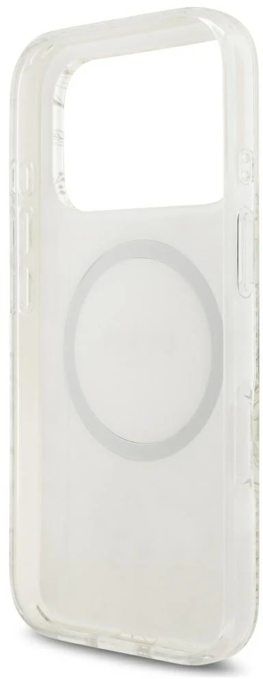 Dėklas Guess IML Flowers Allover Electroplated with Pearl Strap MagSafe, skirtas iPhone 18 Pro / 17 Pro, baltas