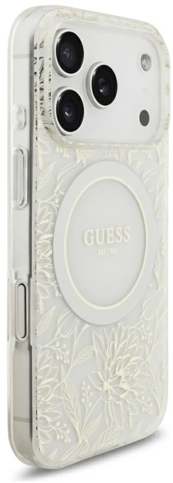 Dėklas Guess IML Flowers Allover Electroplated with Pearl Strap MagSafe, skirtas iPhone 18 Pro / 17 Pro, baltas