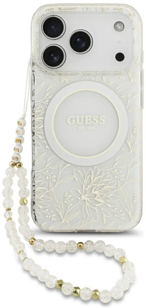 Dėklas Guess IML Flowers Allover Electroplated with Pearl Strap MagSafe, skirtas iPhone 18 Pro / 17 Pro, baltas