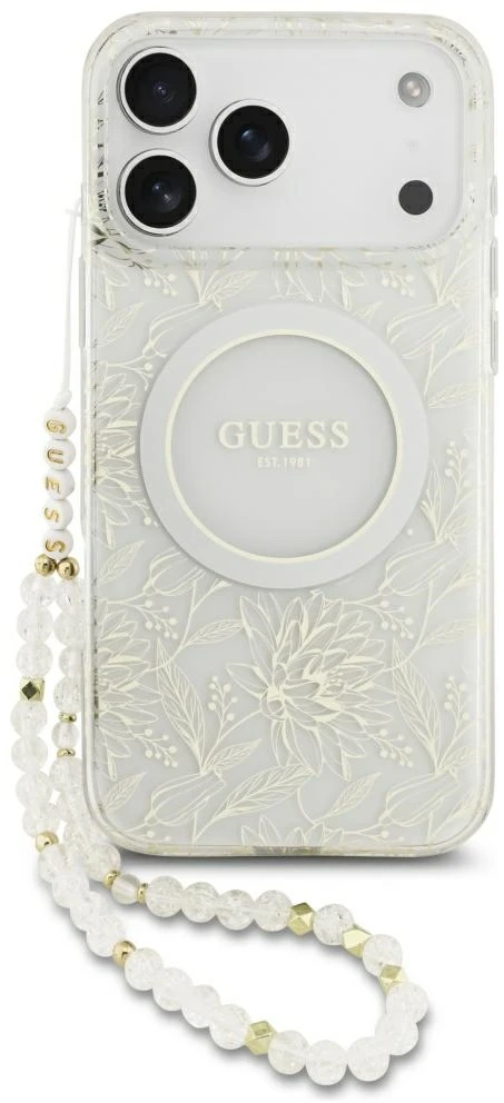 Dėklas Guess IML Flowers Allover Electroplated with Pearl Strap MagSafe do iPhone 18 Pro Max / 17 Pro Max balta
