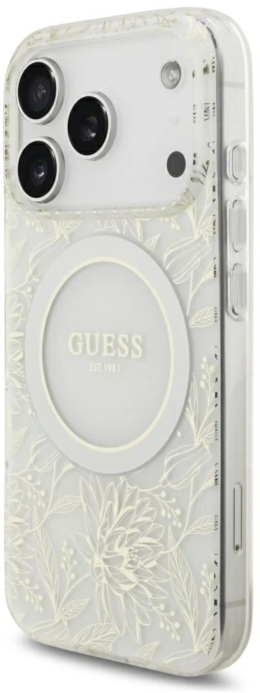 Dėklas Guess IML Flowers Allover Electroplated with Pearl Strap MagSafe, skirtas iPhone 18 Pro / 17 Pro, baltas