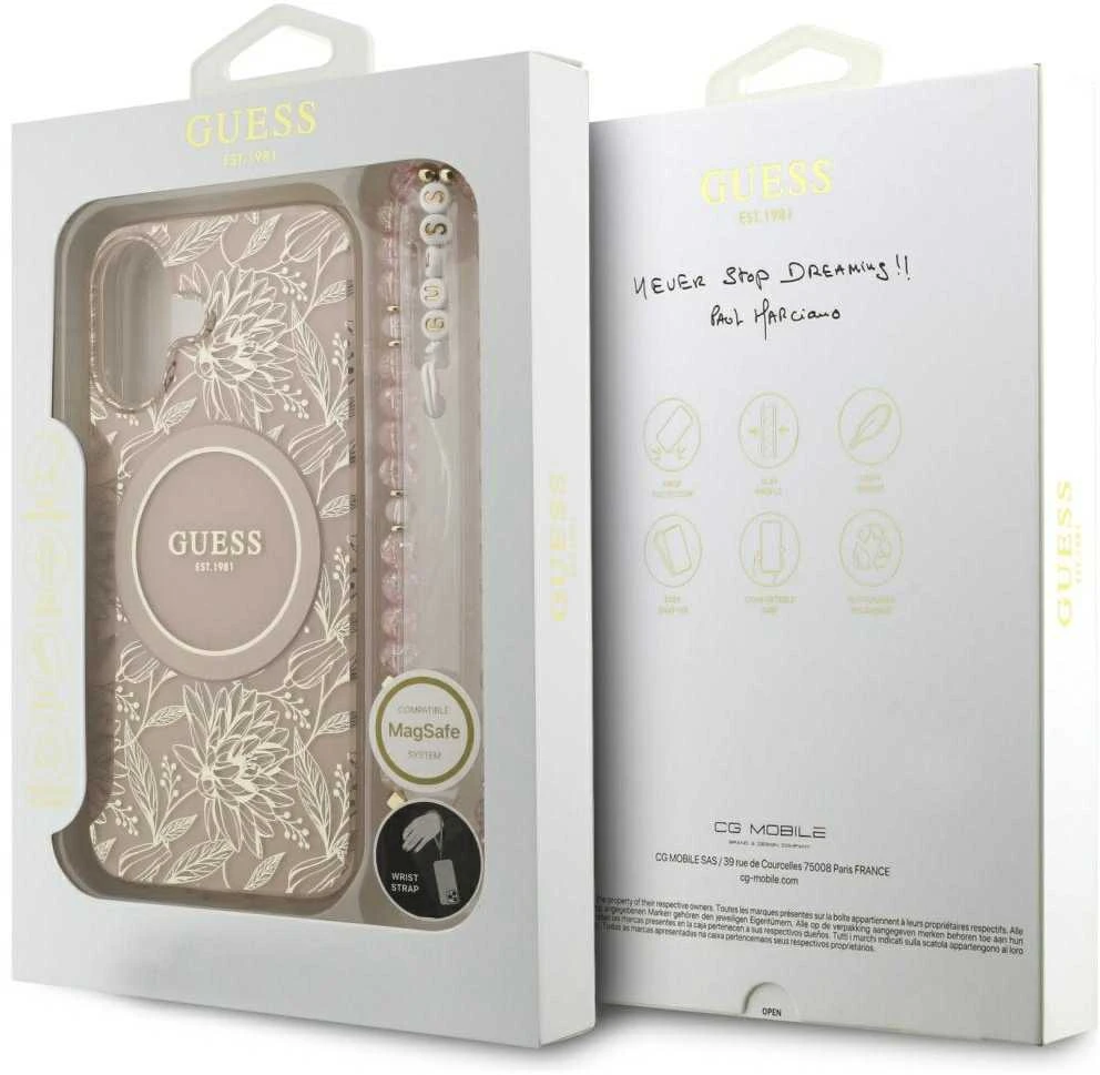 „Guess IML Flowers Electro Pearl Strap MagSafe“ dėklas Apple iPhone 17 telefonui, rožinis