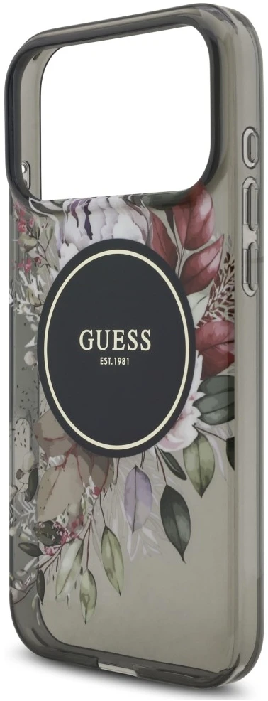 Dėklas Guess IML Flowers Pearl Strap MagSafe, skirtas iPhone 18 Pro Max / 17 Pro Max, juodas