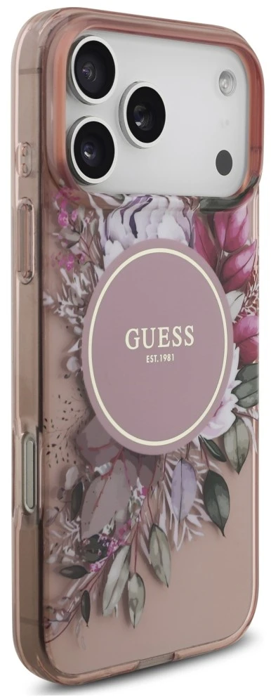 Dėklas Guess IML Flowers Pearl Strap MagSafe do iPhone 18 Pro / 17 Pro rožinė