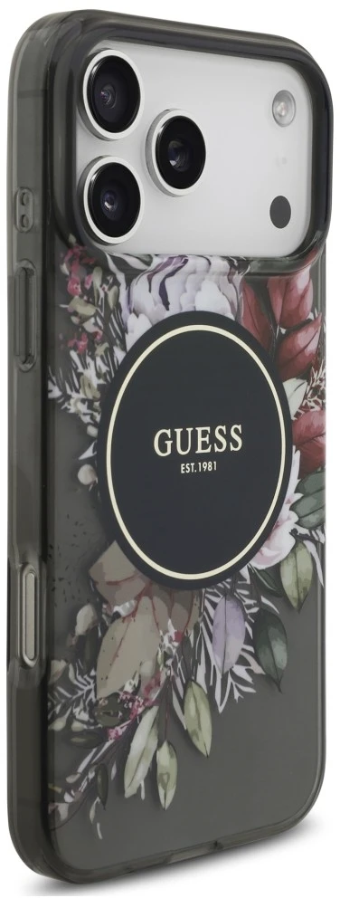 Dėklas Guess IML Flowers Pearl Strap MagSafe, skirtas iPhone 18 Pro Max / 17 Pro Max, juodas