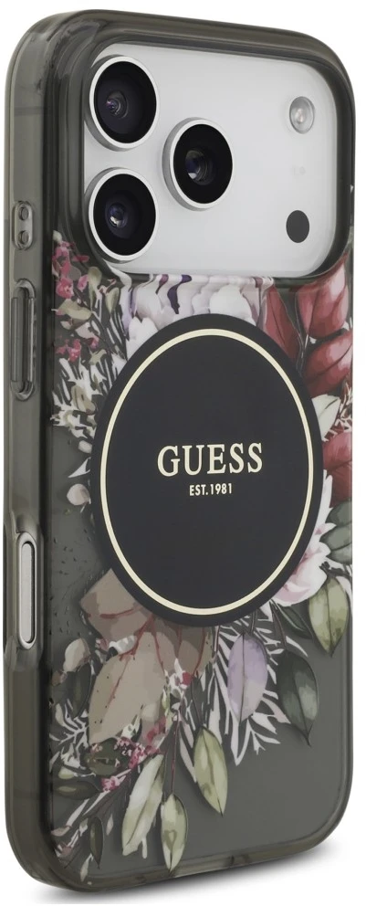 Dėklas Guess IML Flowers Pearl Strap MagSafe do iPhone 18 Pro / 17 Pro juoda