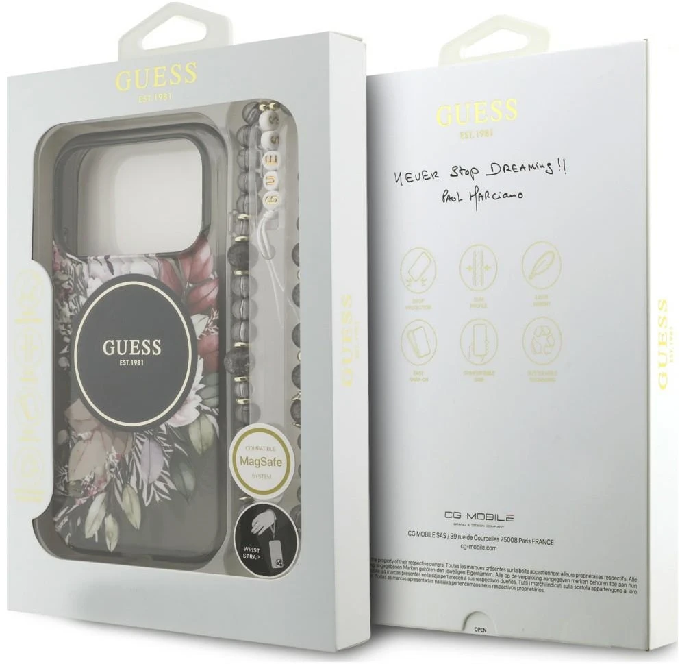 Dėklas Guess IML Flowers Pearl Strap MagSafe do iPhone 18 Pro / 17 Pro juoda