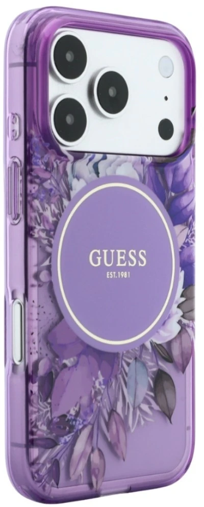 Dėklas Guess IML Flowers Pearl Strap MagSafe skirtas iPhone 18 Pro Max / 17 Pro Max, violetinis