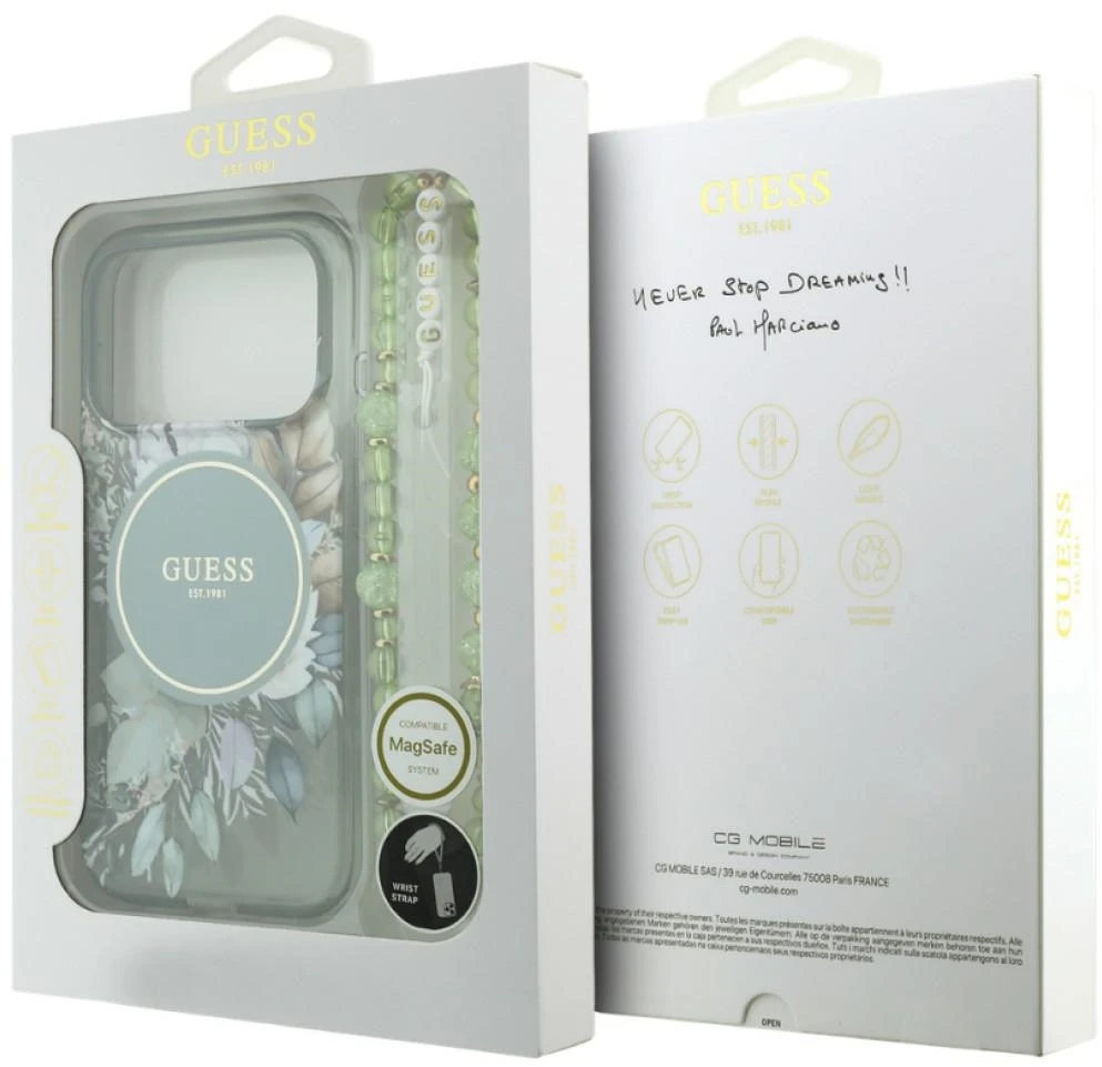 Dėklas Guess IML Flowers Pearl Strap MagSafe iPhone 18 Pro / 17 Pro žalias