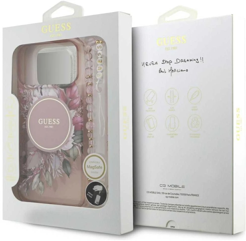 Guess IML Flowers Strap MagSafe dėklas skirtas Apple iPhone 17 Pro Max rožinės spalvos