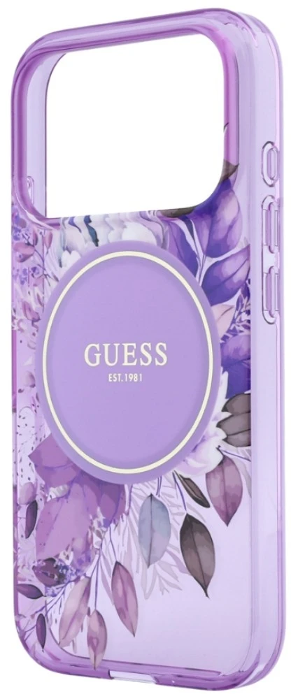 Dėklas Guess IML Flowers Pearl Strap MagSafe skirtas iPhone 18 Pro / 17 Pro violetinis
