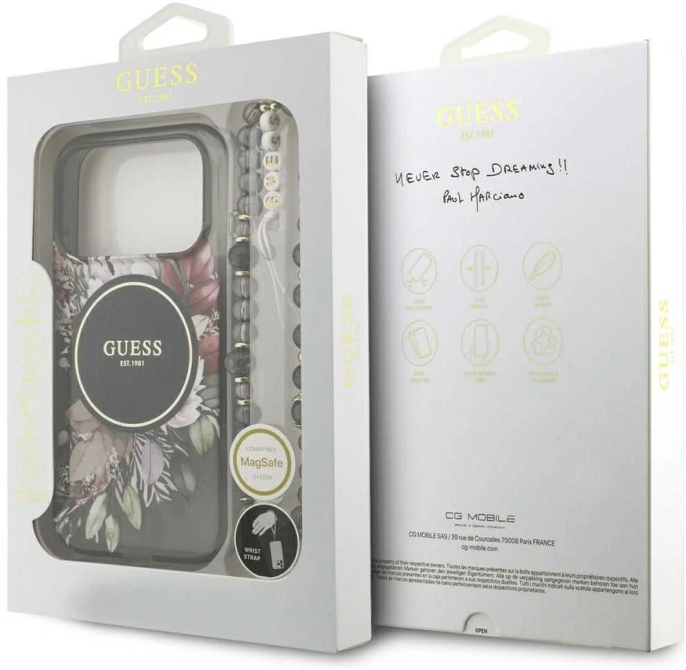 Guess IML Flowers Strap MagSafe dėklas skirtas Apple iPhone 17 Pro juodos spalvos