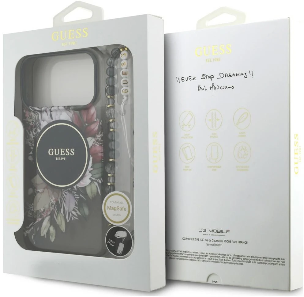 Dėklas Guess IML Flowers Pearl Strap MagSafe, skirtas iPhone 18 Pro Max / 17 Pro Max, juodas