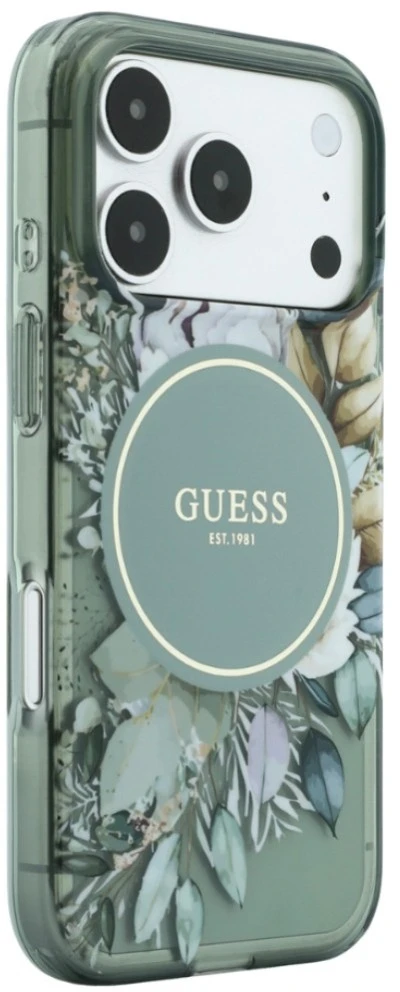 Dėklas Guess IML Flowers Pearl Strap MagSafe skirtas iPhone 18 Pro Max / 17 Pro Max žalias