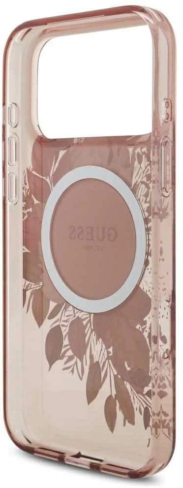 Guess IML Flowers Strap MagSafe dėklas skirtas Apple iPhone 17 Pro Max rožinės spalvos