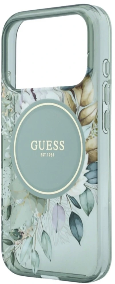 Dėklas Guess IML Flowers Pearl Strap MagSafe skirtas iPhone 18 Pro Max / 17 Pro Max žalias