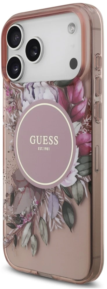 Dėklas Guess IML Flowers Pearl Strap MagSafe do iPhone 18 Pro / 17 Pro rožinė