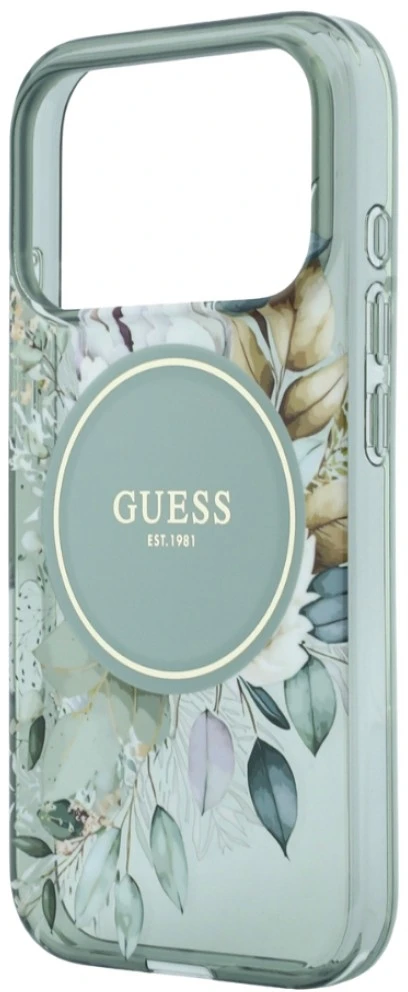 Dėklas Guess IML Flowers Pearl Strap MagSafe iPhone 18 Pro / 17 Pro žalias