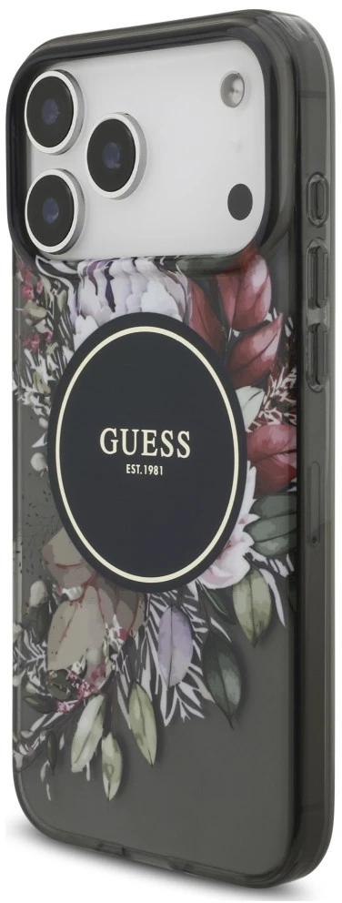 Dėklas Guess IML Flowers Pearl Strap MagSafe, skirtas iPhone 18 Pro Max / 17 Pro Max, juodas
