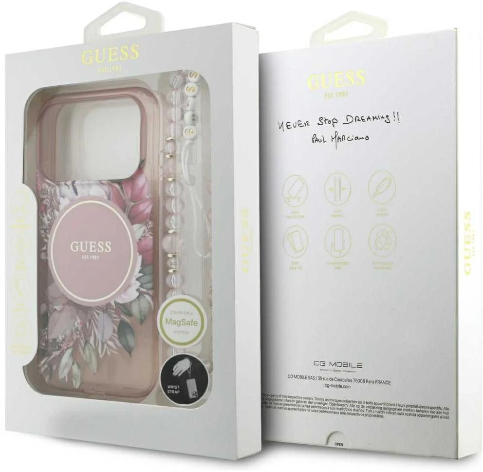 Guess IML Flowers virvelė MagSafe dėklas skirtas Apple iPhone 17 Pro rožinės spalvos