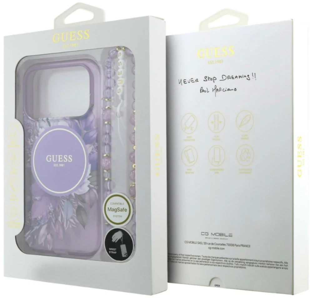 Dėklas Guess IML Flowers Pearl Strap MagSafe skirtas iPhone 18 Pro Max / 17 Pro Max, violetinis