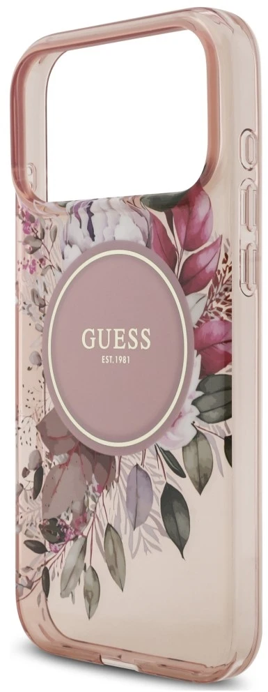 Dėklas Guess IML Flowers Pearl Strap MagSafe do iPhone 18 Pro / 17 Pro rožinė