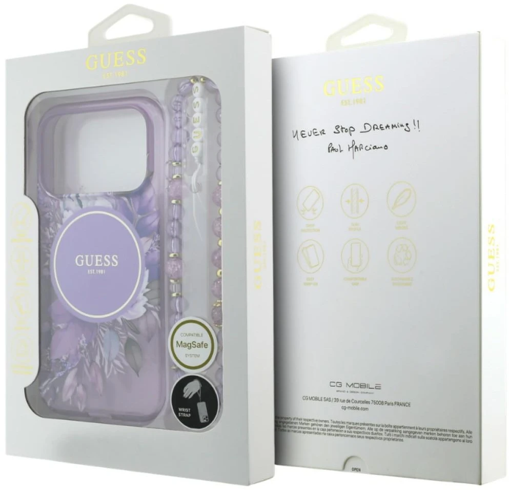 Dėklas Guess IML Flowers Pearl Strap MagSafe skirtas iPhone 18 Pro / 17 Pro violetinis