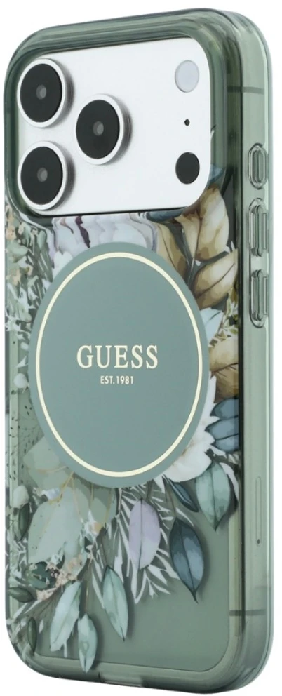 Dėklas Guess IML Flowers Pearl Strap MagSafe iPhone 18 Pro / 17 Pro žalias