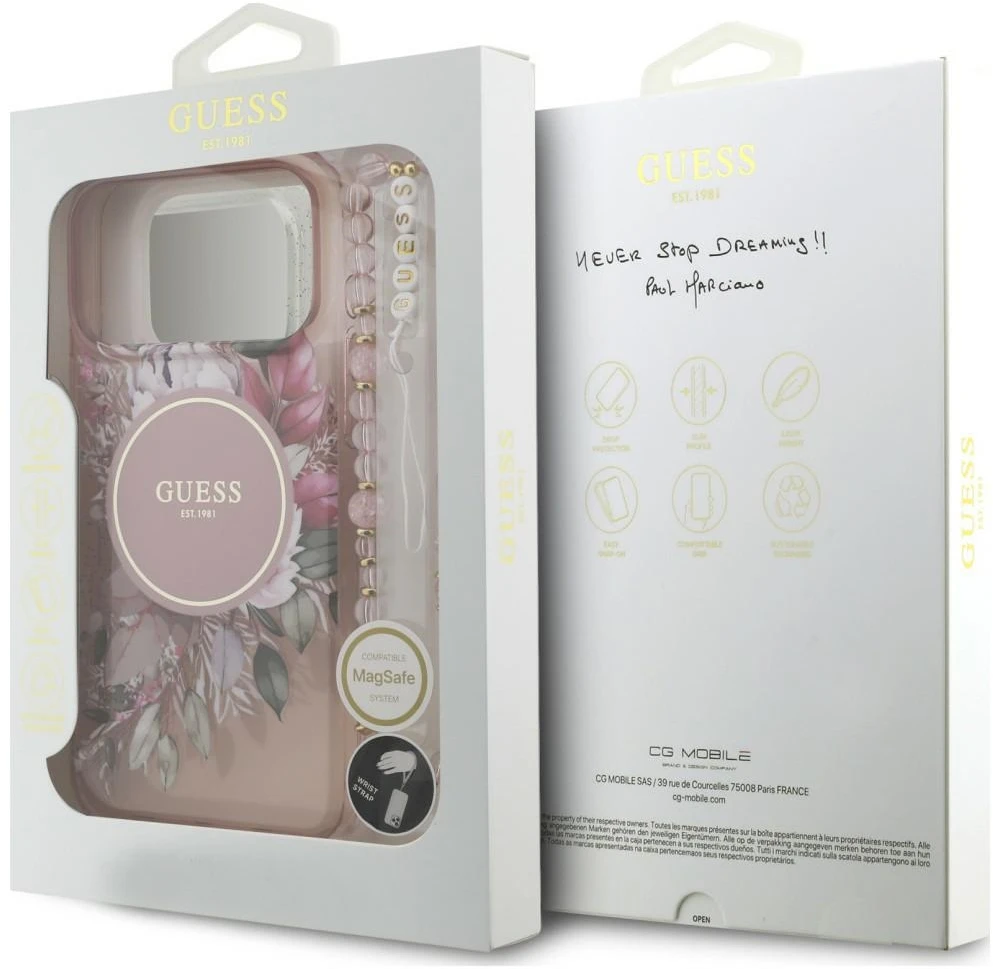 Dėklas Guess IML Flowers Pearl Strap MagSafe do iPhone 18 Pro / 17 Pro rožinė
