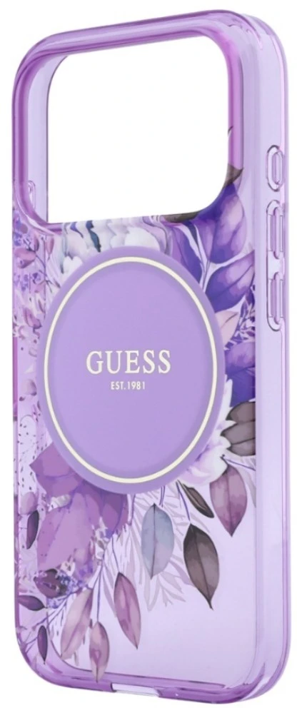 Dėklas Guess IML Flowers Pearl Strap MagSafe skirtas iPhone 18 Pro Max / 17 Pro Max, violetinis