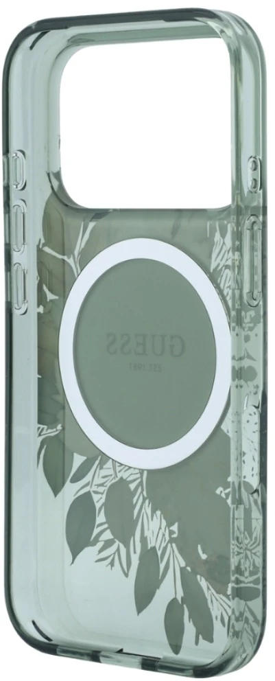 Dėklas Guess IML Flowers Pearl Strap MagSafe iPhone 18 Pro / 17 Pro žalias