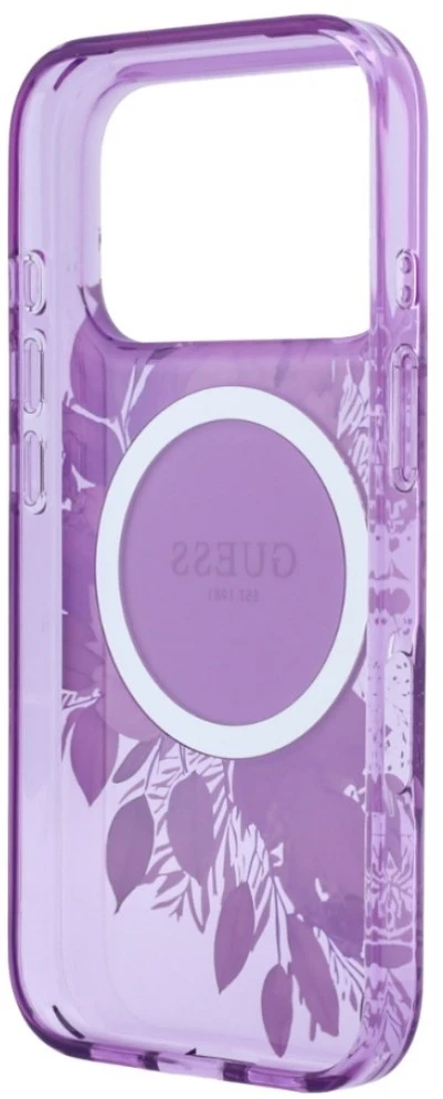 Dėklas Guess IML Flowers Pearl Strap MagSafe skirtas iPhone 18 Pro Max / 17 Pro Max, violetinis