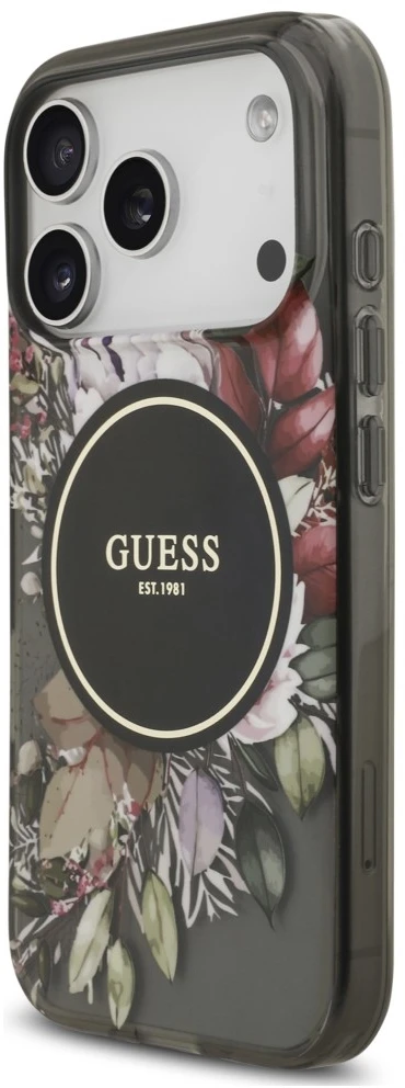 Dėklas Guess IML Flowers Pearl Strap MagSafe do iPhone 18 Pro / 17 Pro juoda