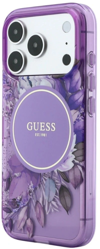 Dėklas Guess IML Flowers Pearl Strap MagSafe skirtas iPhone 18 Pro / 17 Pro violetinis