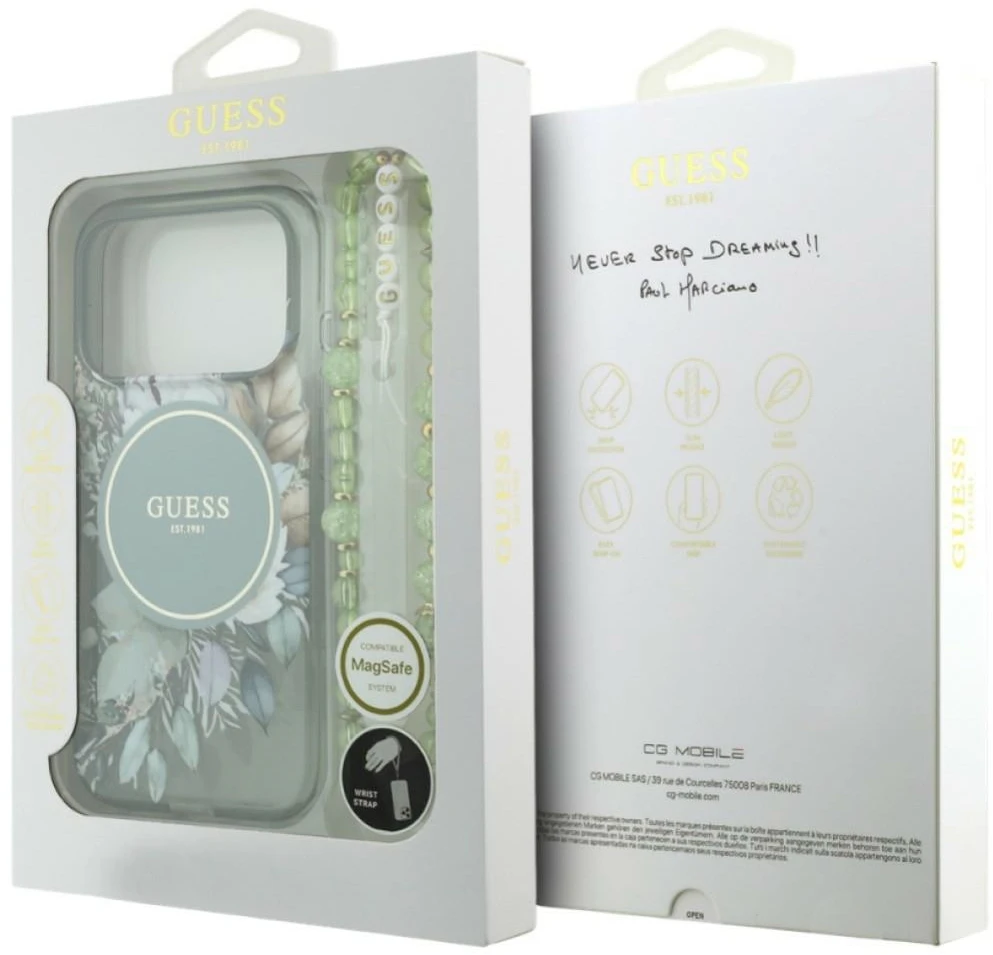 Dėklas Guess IML Flowers Pearl Strap MagSafe skirtas iPhone 18 Pro Max / 17 Pro Max žalias