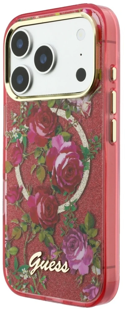 Dėklas Guess IML Glitter Blossom Roses do iPhone 18 Pro Max / 17 Pro Max bordo spalvos