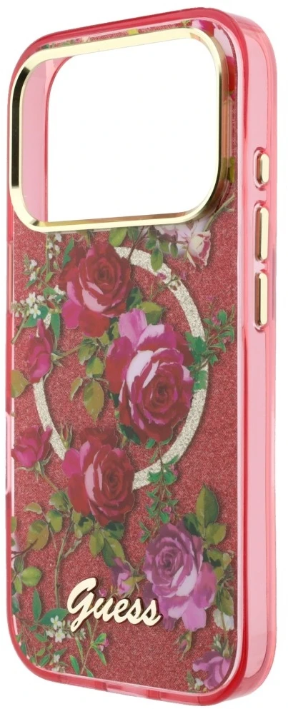 Dėklas Guess IML Glitter Blossom Roses do iPhone 18 Pro Max / 17 Pro Max bordo spalvos