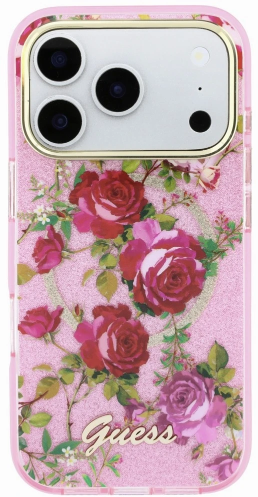 Dėklas Guess IML Glitter Blossom Roses do iPhone 18 Pro / 17 Pro rožinė